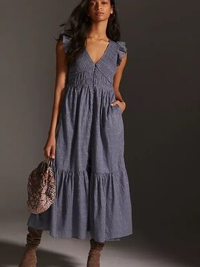 Anthropologie Peregrine Slate Blue Tiered V‑Neck Maxi Dress
